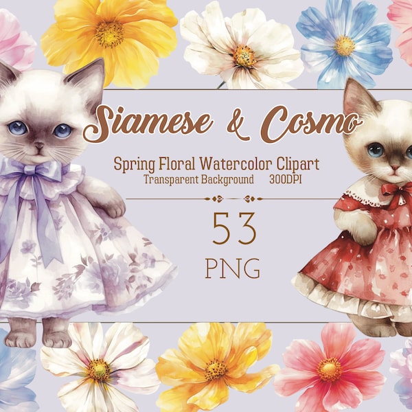 Floral kitten Clipart: 53 Watercolor Siamese Cat and Cosmo Flower Clipart| Boho Clipart|Animals|Stickers|Printable Png|Commercial Use