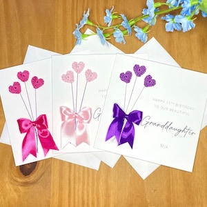 Granddaughter birthday card, personalised granddaughter card, heart balloon card, card with bow, handmade card for granddaughter
