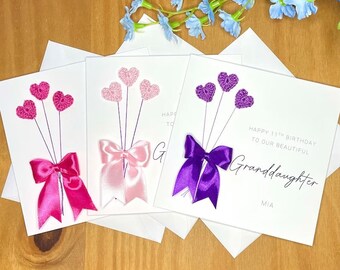 Granddaughter birthday card, personalised granddaughter card, heart balloon card, card with bow, handmade card for granddaughter