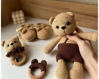 Crochet Bear Stroller Chain, Rattle and Pacifier Holder Set, Custom Baby Pacifier Clip, Crochet Bear, Crochet Amigurumi Bear,gift box