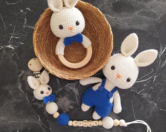 Set voor pasgeborenen, gepersonaliseerd babyspeelgoed, kraamcadeau, konijnenset