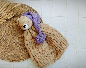 Cotton Crochet Sleepy BearBlanket Soft Head Stuffed Bunny Blanket Baby's First Toy Sleeping Buddy Security Blanket Toy Amigurumi Blanket