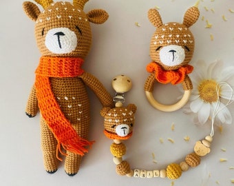 Baby Gift Set / 3 piece crochet Deer Baby Gift Set / Rattle Set / Baby Gift / Handmade / Sensory Toy/ Crochet Animals, Newborn Set,Deer Toys