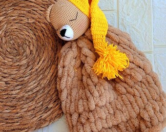 Couverture en coton au crochet pour ours endormi, couverture douce en forme de lapin, premier jouet de bébé, couverture de sécurité, jouet, couverture amigurumi