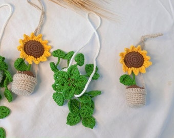 Personalized Plant Car Hanging, Crochet Plant Car Accessories, Custom Name with Crochet Plant Car Decor