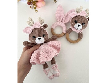 Coffret cadeau pour bébé / 3 pièces au crochet pour bébé / Cerf / Hochet / Cadeau pour bébé / Fait main / Jouet sensoriel / Crochet animaux, nouveau-né, jouets pour chevreuils