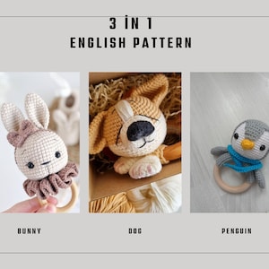 3 Amigurumi crochet pattern rattle | 3 crochet pattern | 3 crochet rattle pattern | PDF file, bunny rattle,penguin rattle,dog rattle