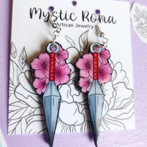 Kunai Earrins. Ninja Earrings. Japanese Ninja Earrings. Sakura Flower Earrings. Anime Earrins. Anime Jewelry. 90&#39;s jewelry.