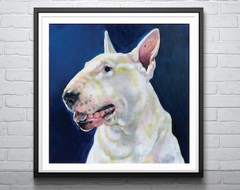 Handsome Bull Terrier Art Print (Commissions taken) | on dark blue background | Happy Dog | cool | Fine art Print | acid free textured paper