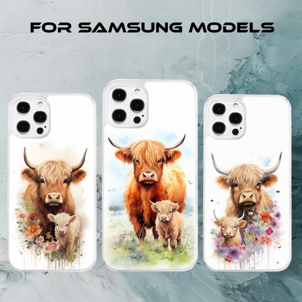 Samsung Galaxyモデル用ハイランド牛と子牛の花柄携帯電話ケース