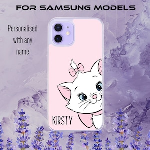 May include: A pink phone case with a white cat cartoon illustration and the name "Kirsty" printed on the bottom. The case is for Samsung models.