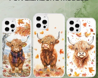 Autumn Highland Cow Cute Fall Leaves Watercolour Phone Case for Samsung Models