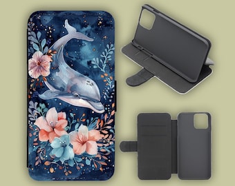 Delfin mit Blumen Blaue Aquarell Flip Handyhülle für iPhone Samsung Huawei Google Pixel