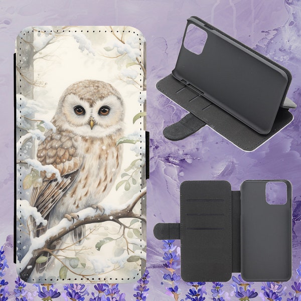 Winter Owl On Snow Branch Watercolour Flip Phone Case for iPhone Samsung Huawei Google Pixel