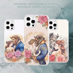 Coque de portable aquarelle La Belle et la Bête avec roses pour iPhone, Motorola, Google Pixel, Oppo