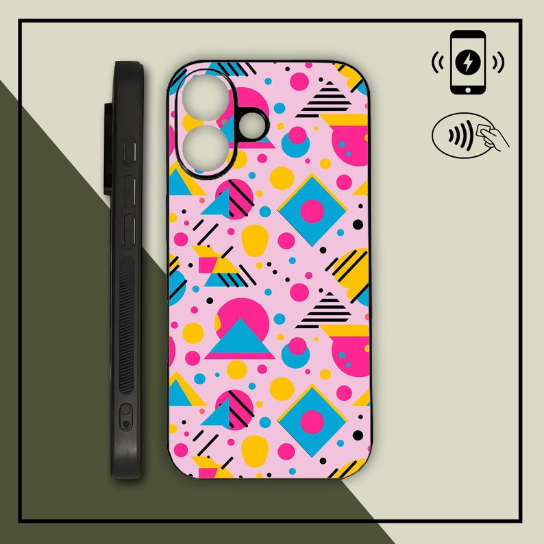 May include: A pink phone case with a colorful geometric pattern. The design includes blue, yellow, and pink shapes, including triangles, circles, and squares. A black phone case is shown next to the patterned case. The phone case is designed for wireless charging.