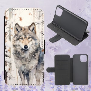 Funda de teléfono con tapa con diseño de lobo invernal, bosque nevado y acuarela para iPhone, Samsung, Huawei y Google Pixel