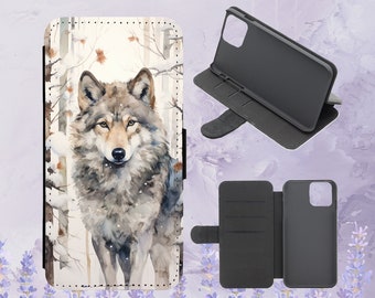 Winter Wolf Snowy Forest Watercolour Flip Phone Case for iPhone Samsung Huawei Google Pixel