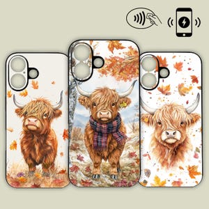 Highland Cow Watercolour Phone Case – Autumn Leaves, MagSafe iPhone Compatible