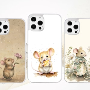 Topolino acquerello carino, topo cartone animato con formaggio, fiori, floreale, custodia per telefono per iPhone, Motorola, Google Pixel, Oppo