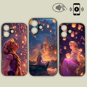 May include: Three phone cases featuring a princess-themed design. Each case depicts a different scene with a princess, lanterns, and a castle. The cases are in shades of purple, pink, and blue, with a touch of gold.