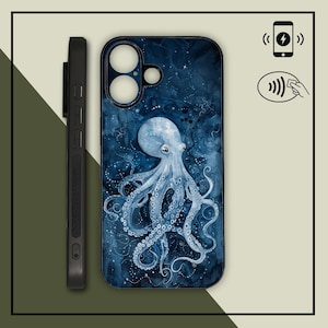 Blaue Krake Aquarell Handyhülle - MagSafe iPhone / Samsung / Motorola - kabelloses Aufladen