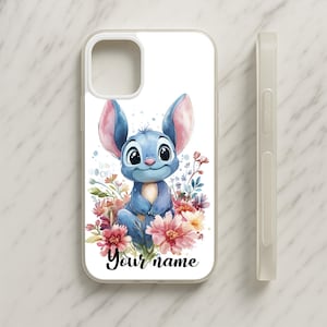 Funda de teléfono personalizada con nombre y puntada floral, con dibujos animados para iPhone, Samsung Galaxy, Google Pixel y Motorola.