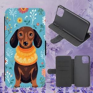 Funda de teléfono con tapa con diseño floral y diseño de perro salchicha para iPhone, Samsung, Huawei y Google Pixel