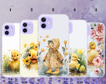 Yellow Duck Cute Floral Watercolour Spring Phone Case for iPhone, Motorola, Google Pixel, Oppo