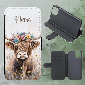 PERSONALIZED Highland Kuh Frühling Blumenkranz Beige Flip-Handyhülle für iPhone Samsung Huawei Google Pixel