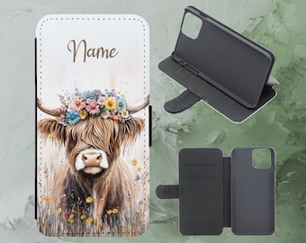 Personalised Highland Cow Floral Wreath Flip Phone Case