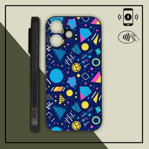 May include: A navy blue phone case with a colorful geometric pattern of triangles, circles, and lines in yellow, pink, and blue. The case is shown next to a black phone case. The image also shows a wireless charging symbol.