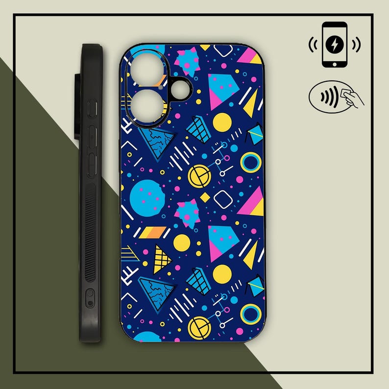 May include: A navy blue phone case with a colorful geometric pattern of triangles, circles, and lines in yellow, pink, and blue. The case is shown next to a black phone case. The image also shows a wireless charging symbol.