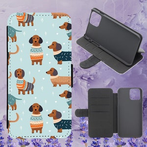 Funda de teléfono con tapa con diseño de perro salchicha para iPhone, Samsung, Huawei y Google Pixel