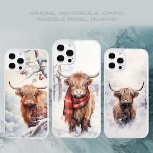 Funda para teléfono con diseño de vaca de las Tierras Altas de Invierno en acuarela para iPhone, Motorola, Google Pixel y Oppo