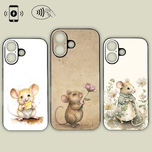 May include: Three phone cases with watercolor illustrations of mice. One mouse holds cheese, another a pink flower, and the third wears a floral jacket. The cases have a white, tan, and off-white background.