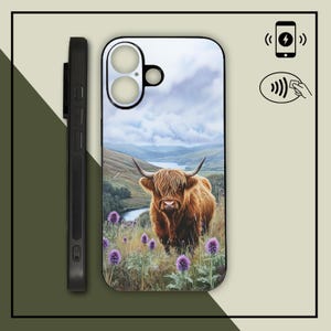 Etui na telefon z realistyczną grafiką szkockiej krowy wyżynnej z ostem – MagSafe iPhone / Samsung / Motorola – ładowanie bezprzewodowe