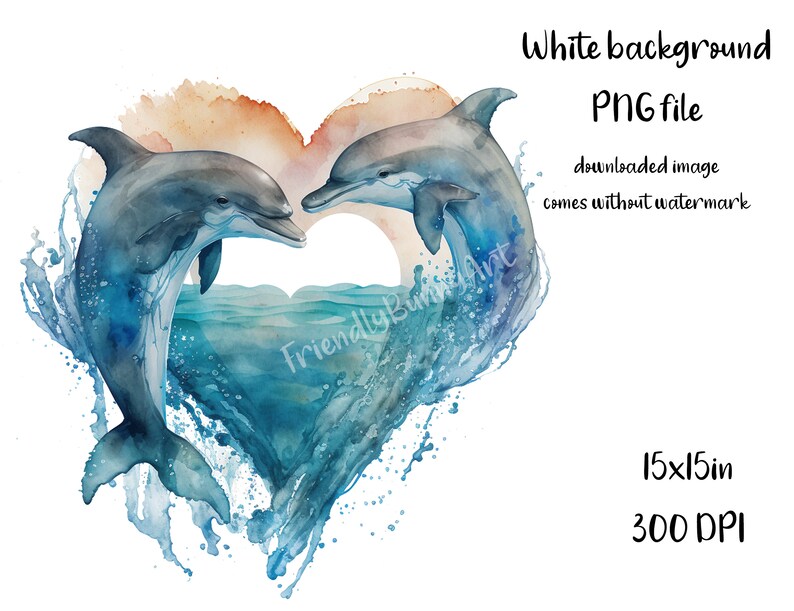 Watercolour Dolphins PNG, Dolphin Couple Art, Two Dolphins Heart Clipart, Printable, Sublimation ...