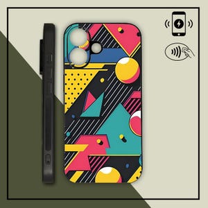 May include: Black phone case with a colorful geometric design. The case features a pattern of triangles, circles, and lines in shades of pink, teal, yellow, and blue. A black phone case is shown next to the patterned case.