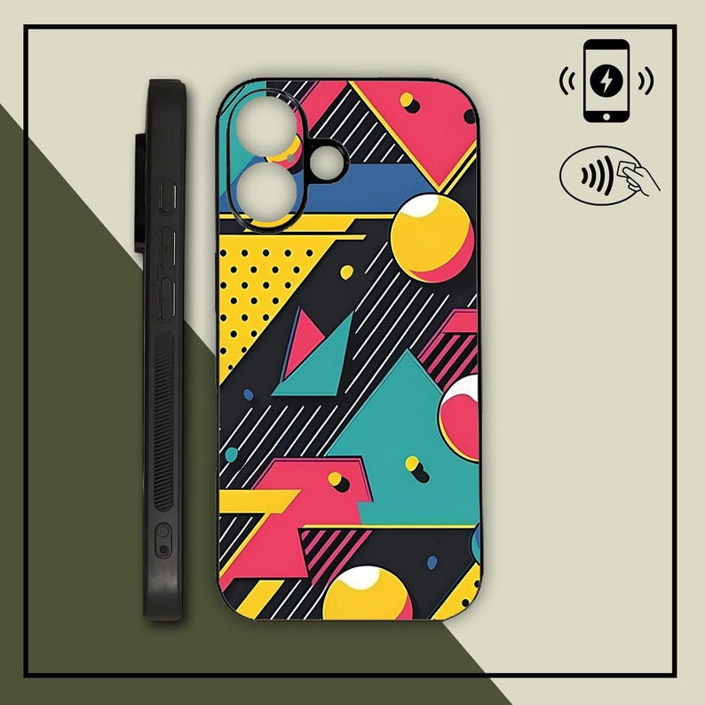 May include: Black phone case with a colorful geometric design. The case features a pattern of triangles, circles, and lines in shades of pink, teal, yellow, and blue. A black phone case is shown next to the patterned case.