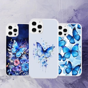 May include: Three phone cases featuring different blue butterfly designs. The cases are white with a light blue watercolour background. The butterflies are painted in a realistic style with intricate details.