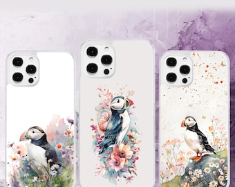 Puffin Bird Floral Watercolour Phone Case for iPhone, Motorola, Google Pixel, Oppo
