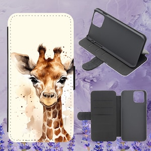 Jolie coque de portable à rabat beige girafe aquarelle pour iPhone Samsung Huawei Google Pixel
