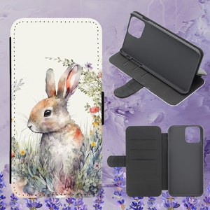 Bonita funda de teléfono con tapa de acuarela con diseño de conejo y flores para iPhone, Samsung, Huawei y Google Pixel