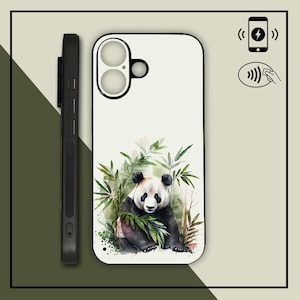 May include: A white phone case featuring a watercolor illustration of a panda bear sitting among bamboo. The panda is black and white, with green bamboo leaves surrounding it. The case is shown next to a black phone.