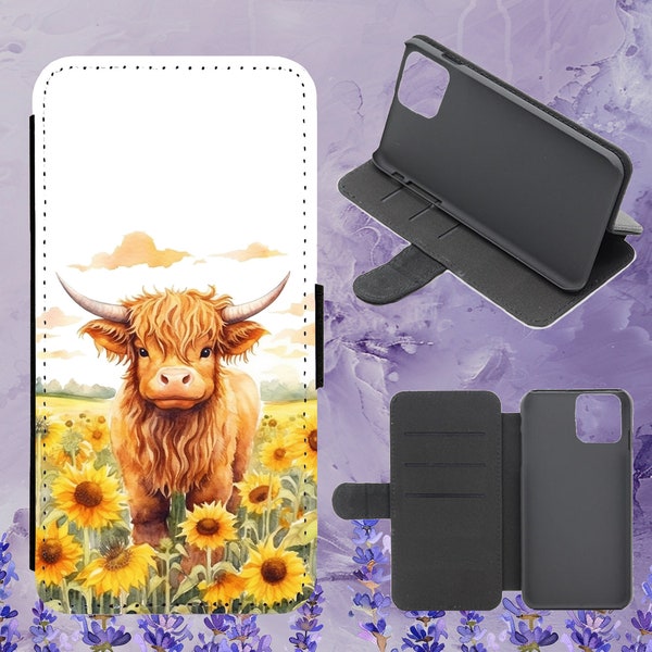 Cute Highland Cow With Sunflowers Floral Watercolour Flip Phone Case for iPhone Samsung Huawei Google Pixel