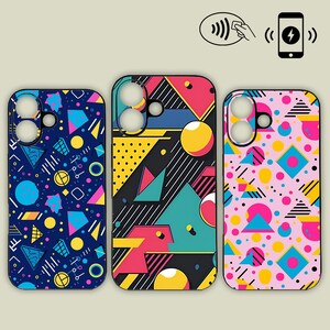 May include: Three phone cases with colorful geometric designs. The cases feature a variety of shapes, including triangles, circles, and squares, in shades of blue, pink, yellow, and black. The cases are designed to be compatible with a smartphone.