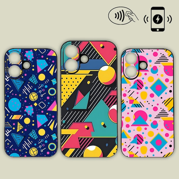 80s Inspired Geometrical Pattern Retro Phone Case - MagSafe iPhone / Samsung / Motorola - Wireless Charging