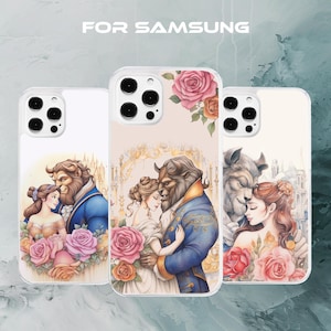 Coque de portable aquarelle La Belle et la Bête avec roses pour modèles Samsung