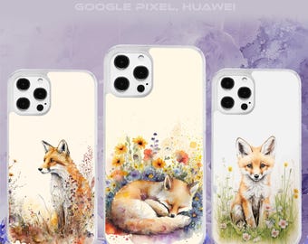 Funda de teléfono con diseño de zorro floral y acuarela para iPhone, Motorola, Google Pixel y Oppo